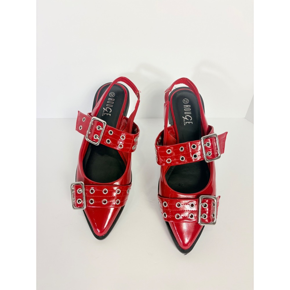 Rogue Shiny Red Pointed Toe Chunky Double Buckle Slingback Flats Shoes Size 12